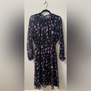 SZ S Aqua Black/Purple  Long Sleeve Floral Print Midi Dress